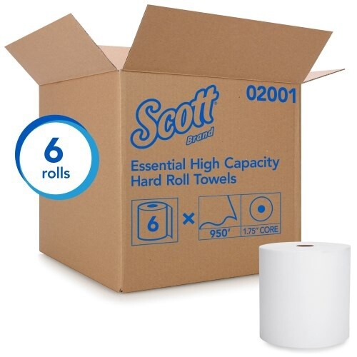 Scott Essential High Capacity Hard Roll Paper Towels (02001), Fast Change with Scott Essential Dispenser, Unperforated, White, 950/ Roll, 6 Rolls / Case, 5,700 / Case