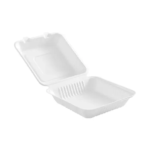 [6011] Compostable Hinged Containers - 8" X 8" X 3" / White